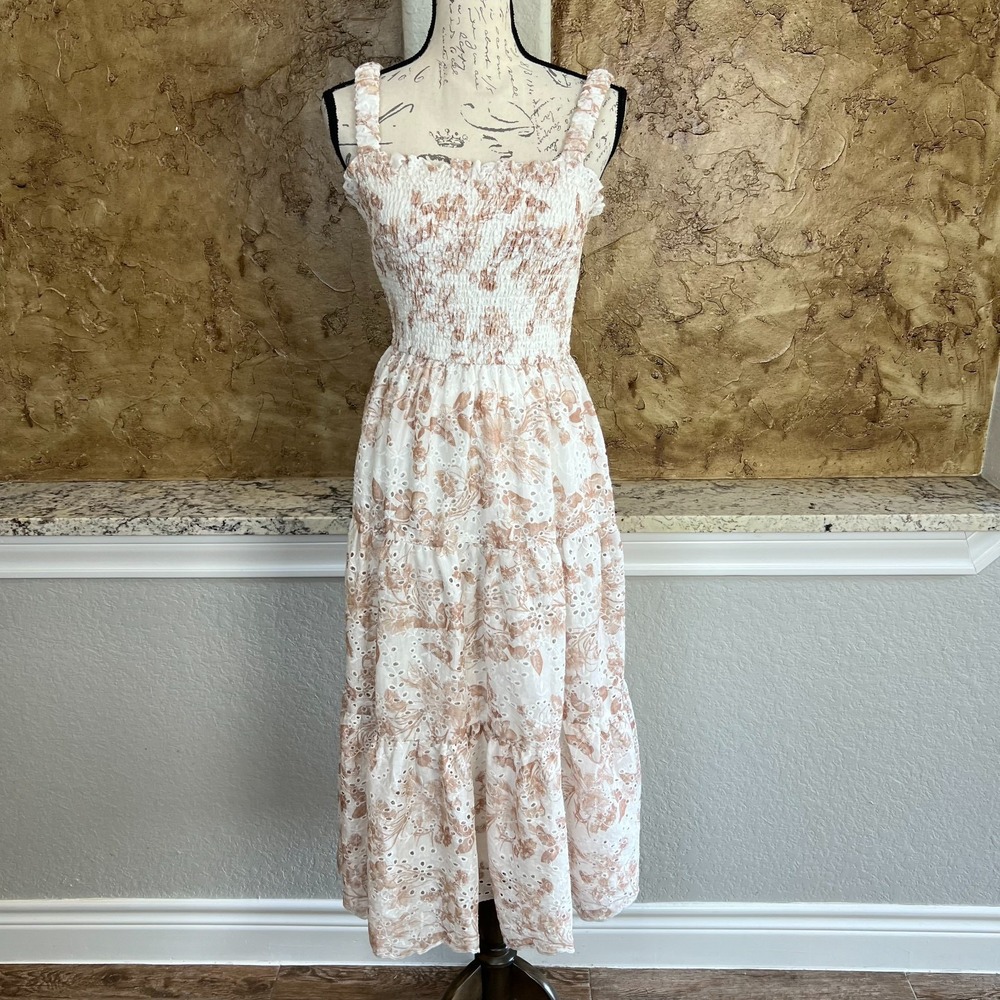 Dress Forum Dress Women's S Smocked Eyelet‎ Tiered Square Neck Floral Boho